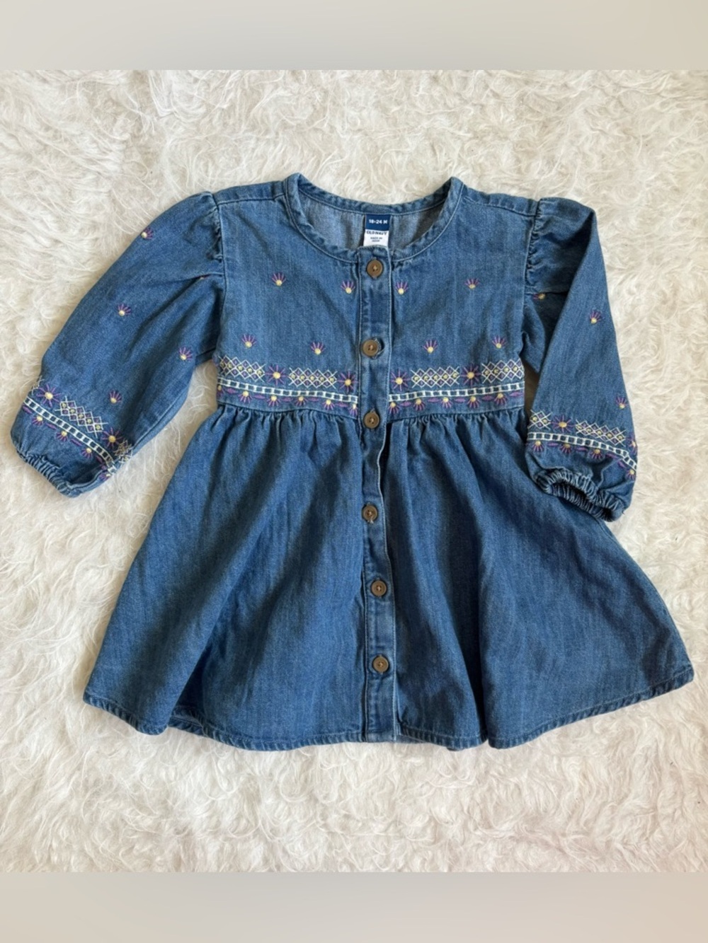 Old Navy Baby Girl Dark Blue Denim Dress with Dainty Floral Embroidery